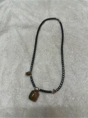 Handcrafted Hematite Bead Necklace with Olive Green Tortoise Stone Pendant